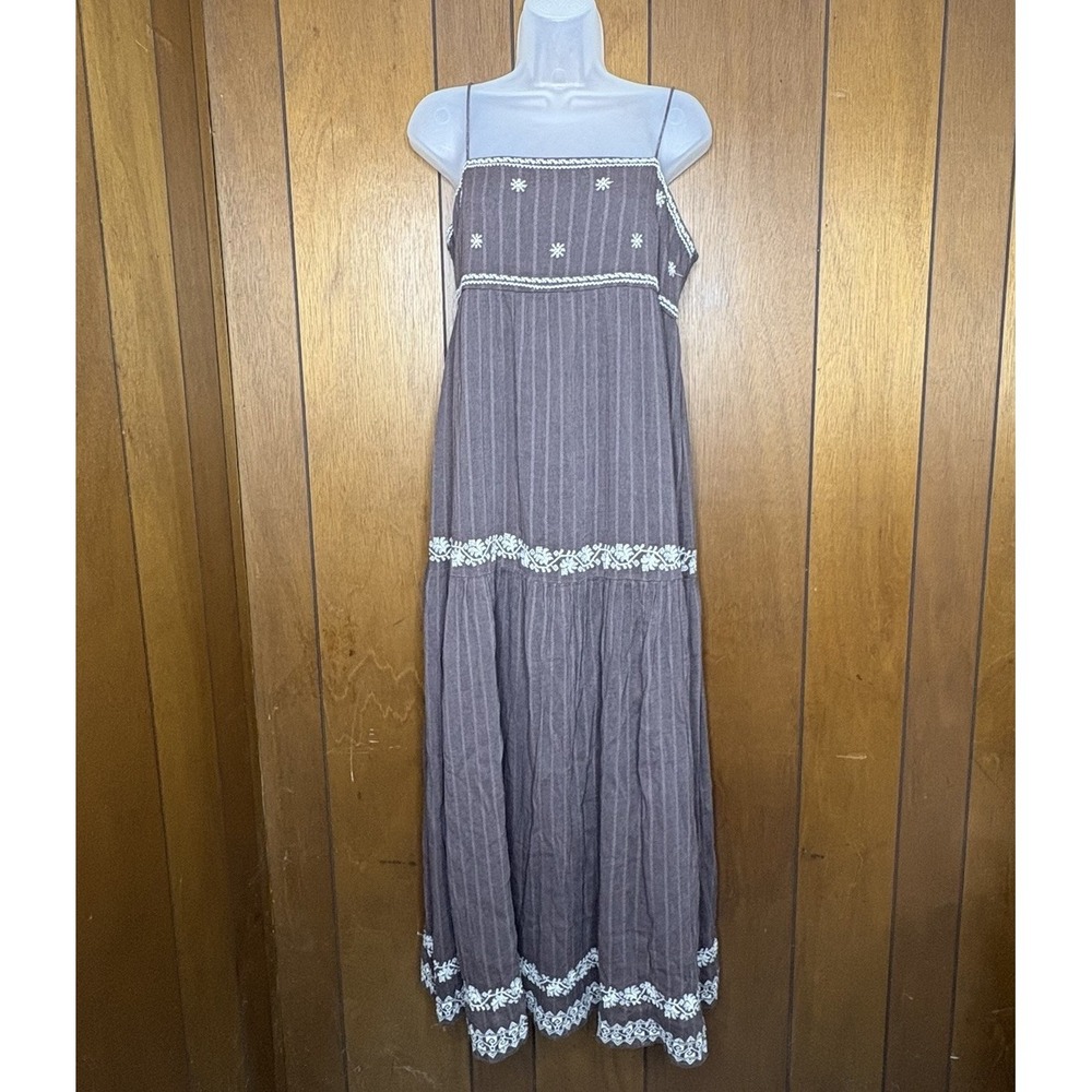 American Eagle Maxi Dress M Brown Embroidered Boho Festival OpenBack Cottagecore